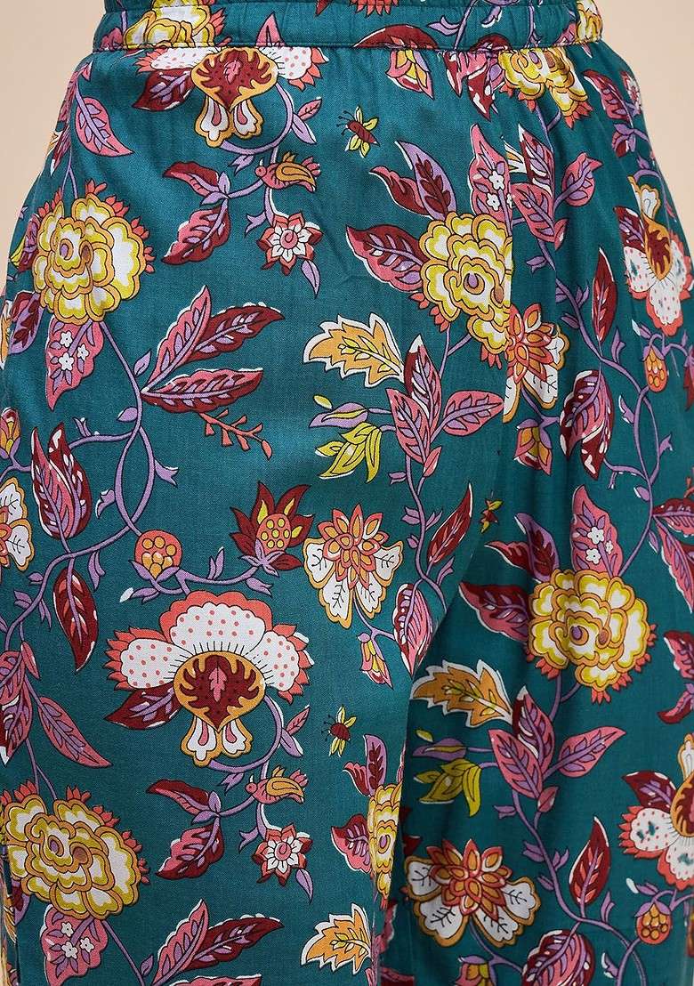 Green Floral Printed Shirt Collar Pure Cotton Tunic With Trousers - Indya