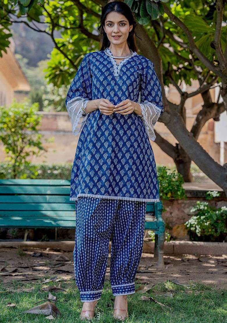 Blue Ethnic Motifs Printed Cotton Top Harem Pant Coord Set - Indya