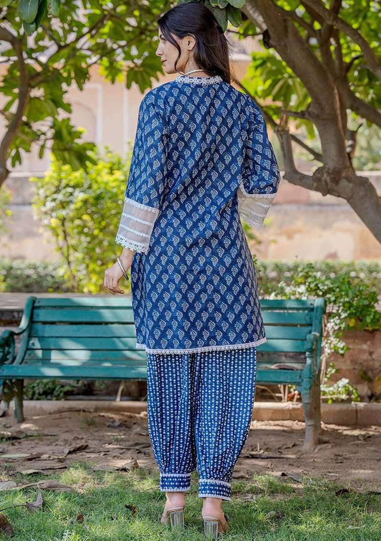 Blue Ethnic Motifs Printed Cotton Top Harem Pant Coord Set - Indya
