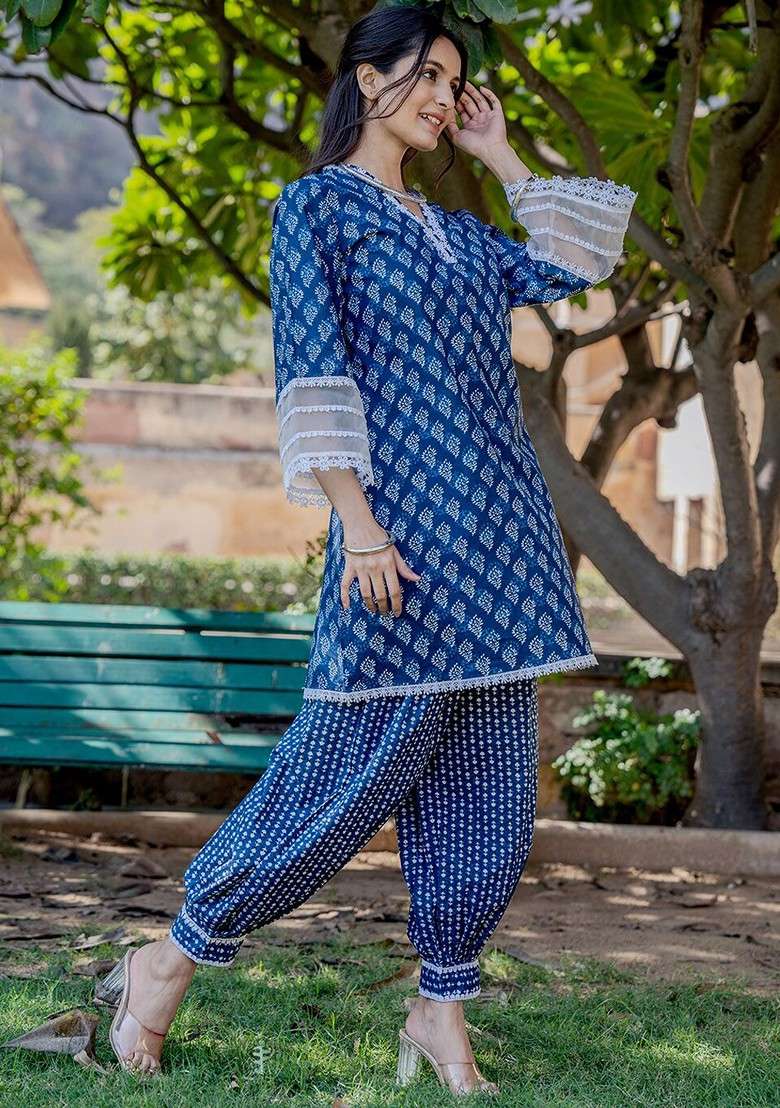 Blue Ethnic Motifs Printed Cotton Top Harem Pant Coord Set - Indya