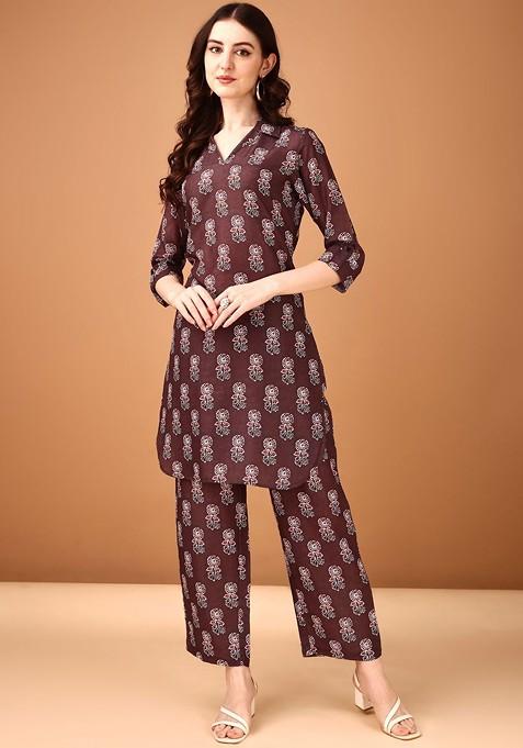 Maroon Printed Tunic And Palazzos
