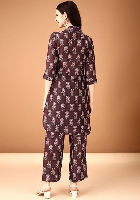 Maroon Printed Tunic And Palazzos