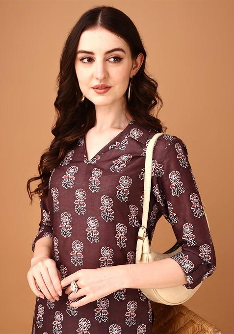 Maroon Printed Tunic And Palazzos