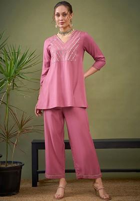 Pink Pink Embroidered Top With Palazzos Coords