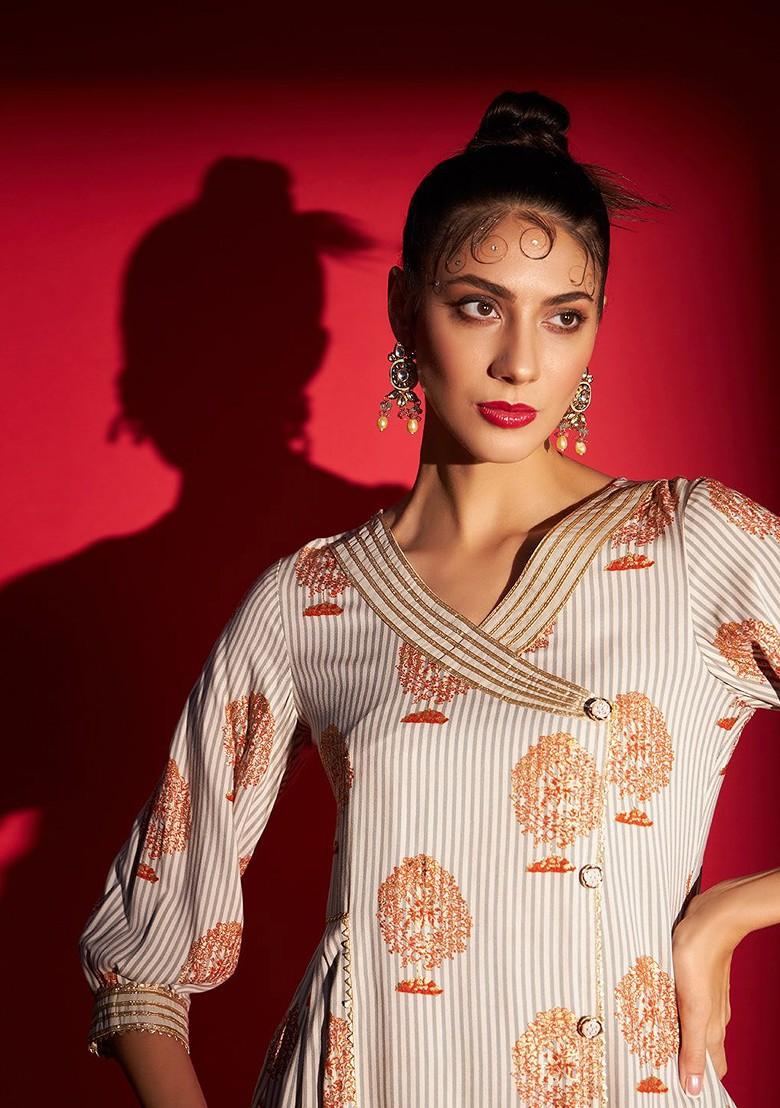 Off White Ethnic Motifs Printed Angrakha Kurta With Trousers