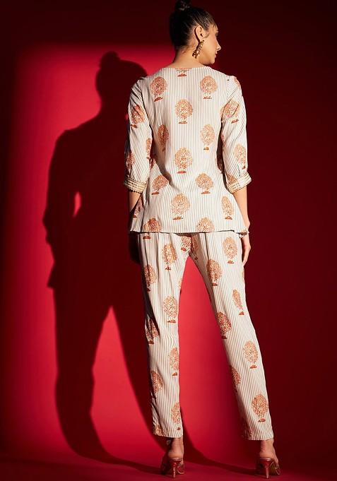 Off White Ethnic Motifs Printed Angrakha Kurta With Trousers