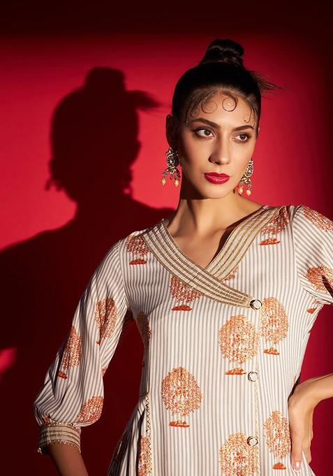 Off White Ethnic Motifs Printed Angrakha Kurta With Trousers