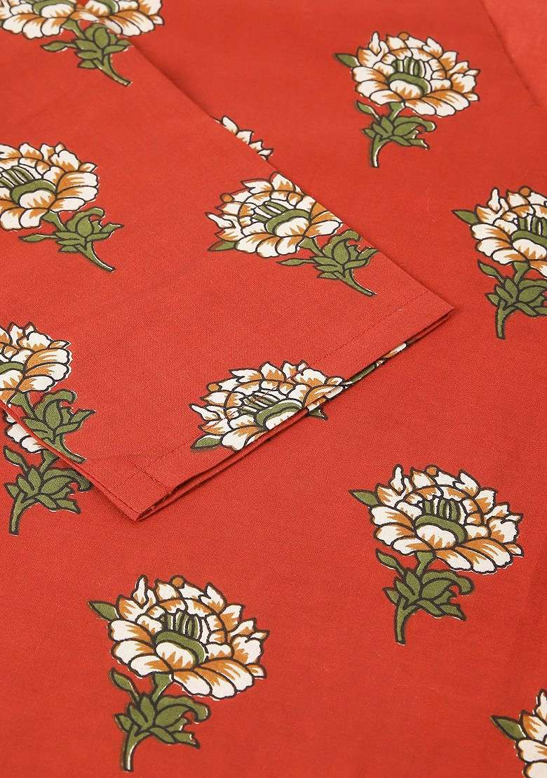 Red Floral Printed Vneck Threequarter Sleeves Tunic With Trousers - Indya