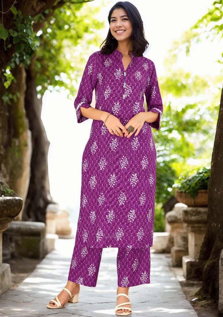 Purple Printed Mandarin Collar Pure Cotton Tunic And Trouser