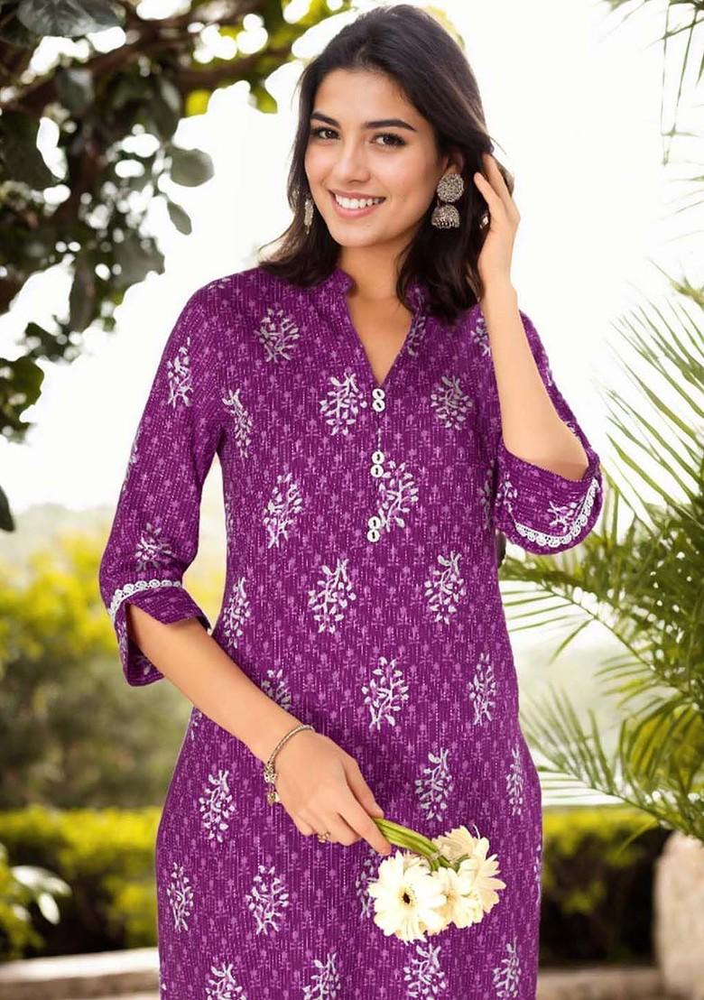 Purple Printed Mandarin Collar Pure Cotton Tunic And Trouser