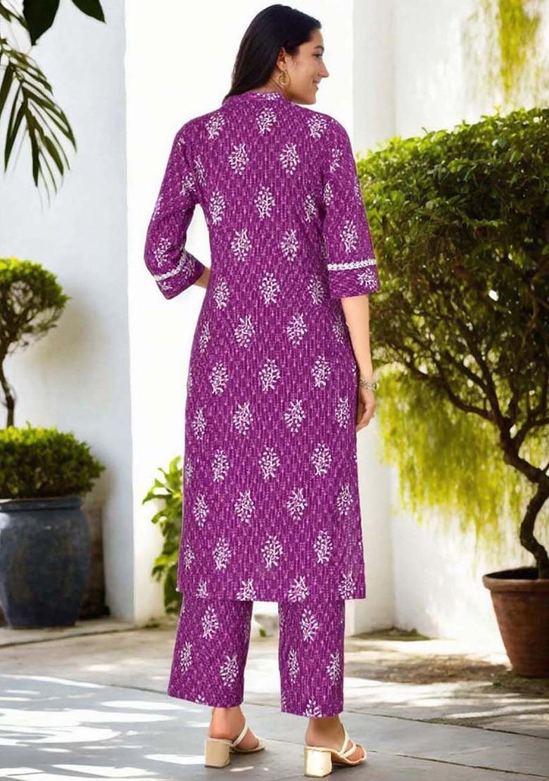Purple Printed Mandarin Collar Pure Cotton Tunic And Trouser