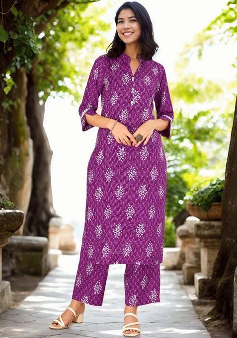 Purple Printed Mandarin Collar Pure Cotton Tunic And Trouser