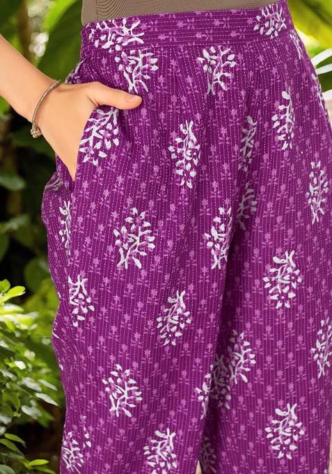 Purple Printed Mandarin Collar Pure Cotton Tunic And Trouser