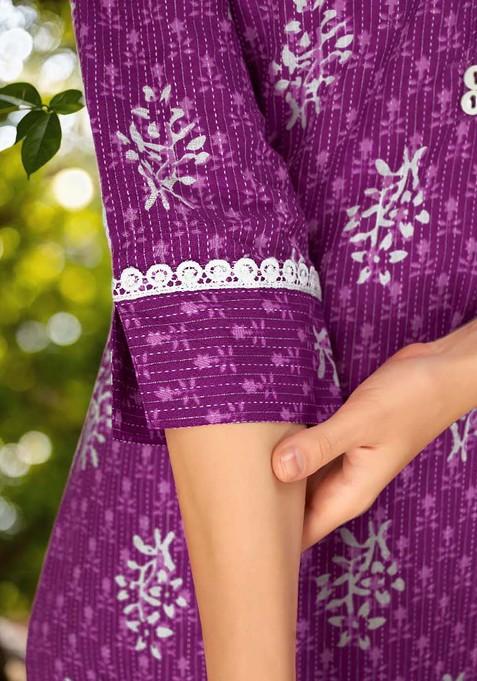 Purple Printed Mandarin Collar Pure Cotton Tunic And Trouser