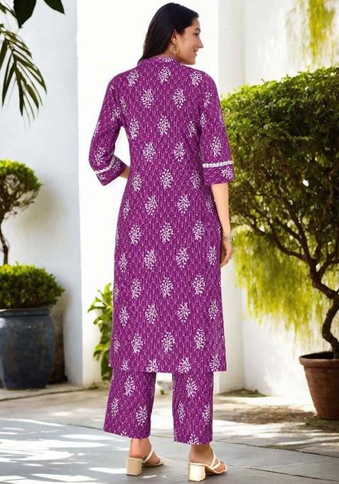 Purple Printed Mandarin Collar Pure Cotton Tunic And Trouser