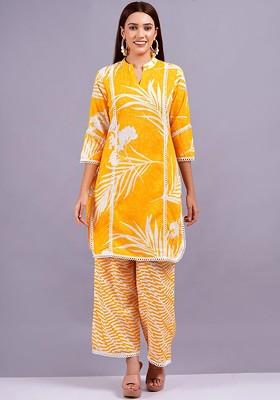 Yellow Floral Printed Mandarin Collar Threequarter Sleeves Pure Cotton Top With Palazzo