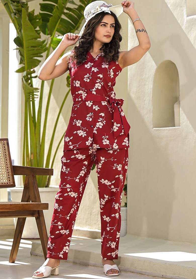 Red Floral Printed Pure Cotton Shirt And Trouser - Indya