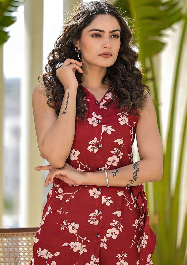 Red Floral Printed Pure Cotton Shirt And Trouser - Indya