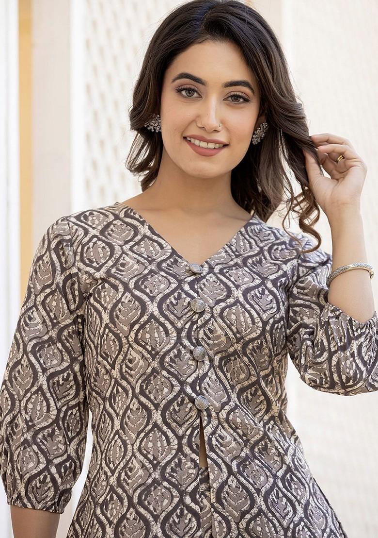 Grey Ethnic Motifs Printed Pure Cotton Tunic With Trousers - Indya