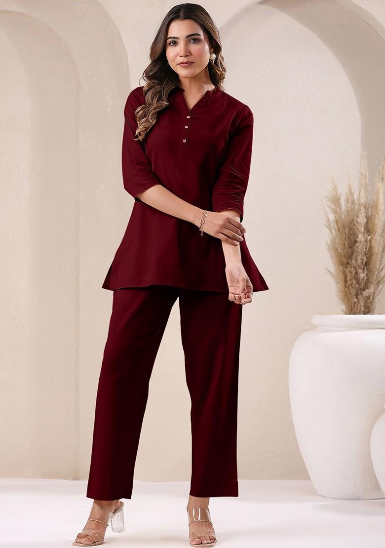 Maroon Pure Cotton V Neck Tunic And Trousers Coords