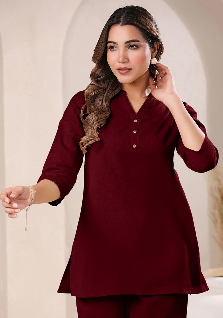 Maroon Pure Cotton V Neck Tunic And Trousers Coords