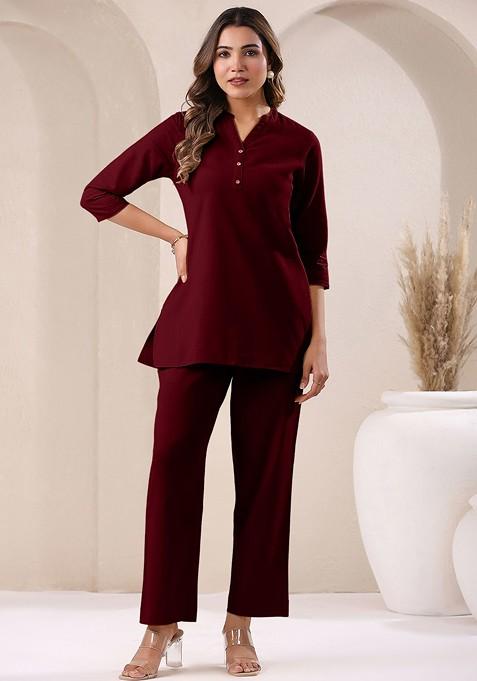 Maroon Pure Cotton V Neck Tunic And Trousers Coords