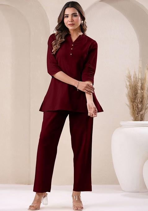 Maroon Pure Cotton V Neck Tunic And Trousers Coords