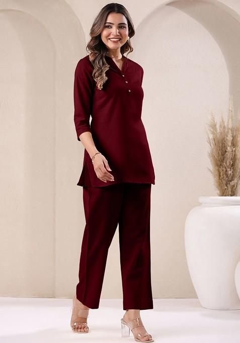 Maroon Pure Cotton V Neck Tunic And Trousers Coords