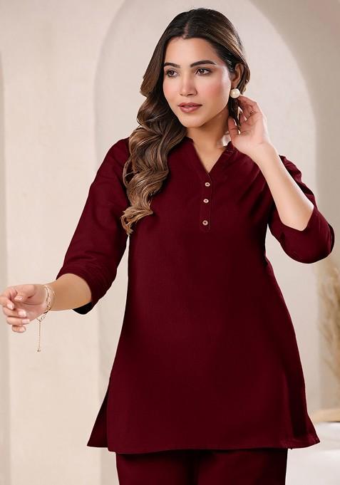 Maroon Pure Cotton V Neck Tunic And Trousers Coords