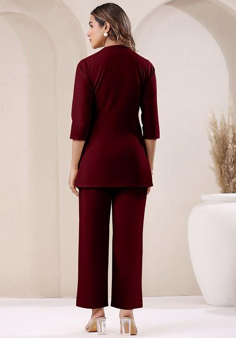 Maroon Pure Cotton V Neck Tunic And Trousers Coords