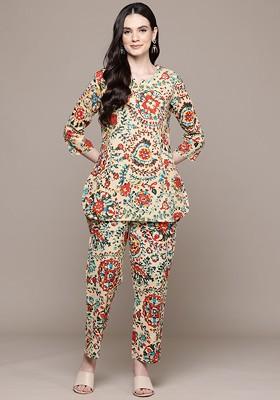 Beige Ethnic Motifs Printed Pure Cotton Coords