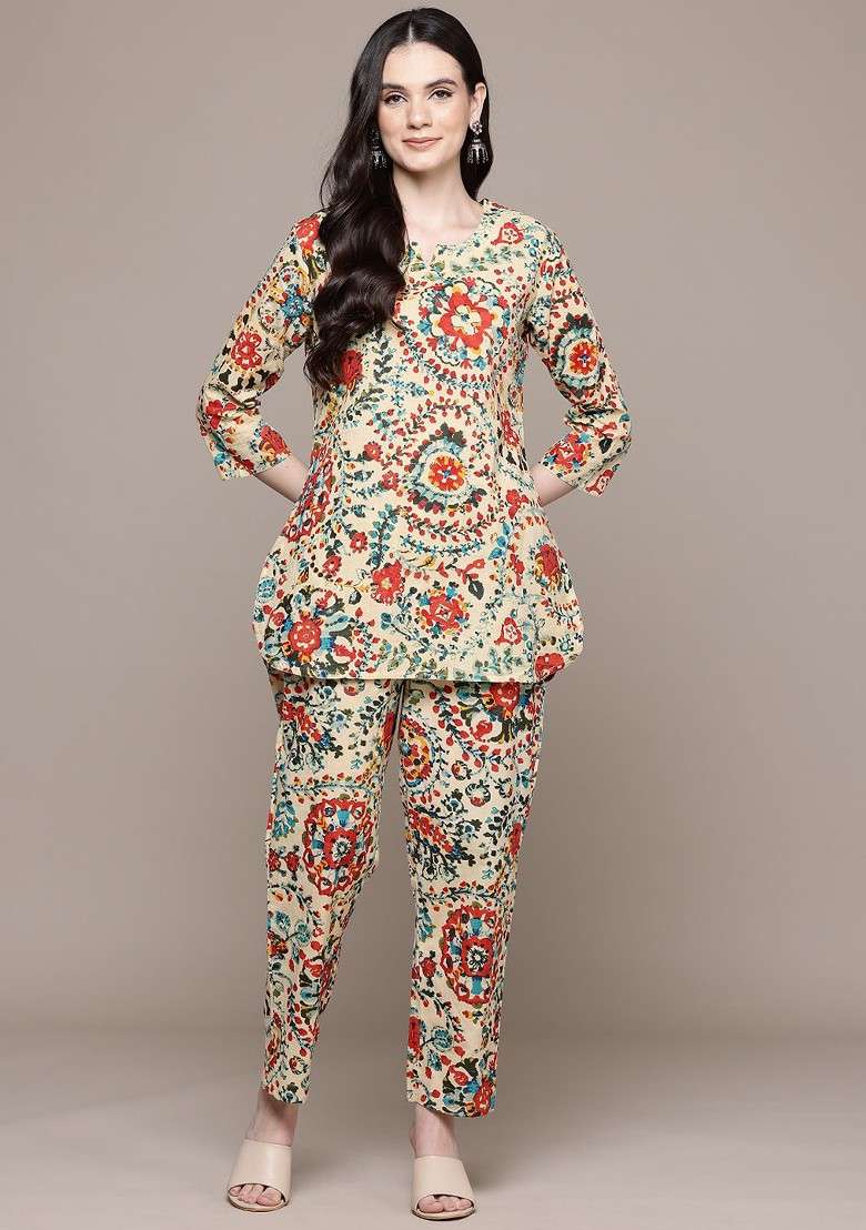 Beige Ethnic Motifs Printed Pure Cotton Coords - Indya