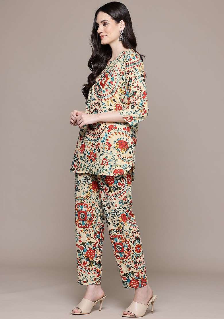 Beige Ethnic Motifs Printed Pure Cotton Coords - Indya
