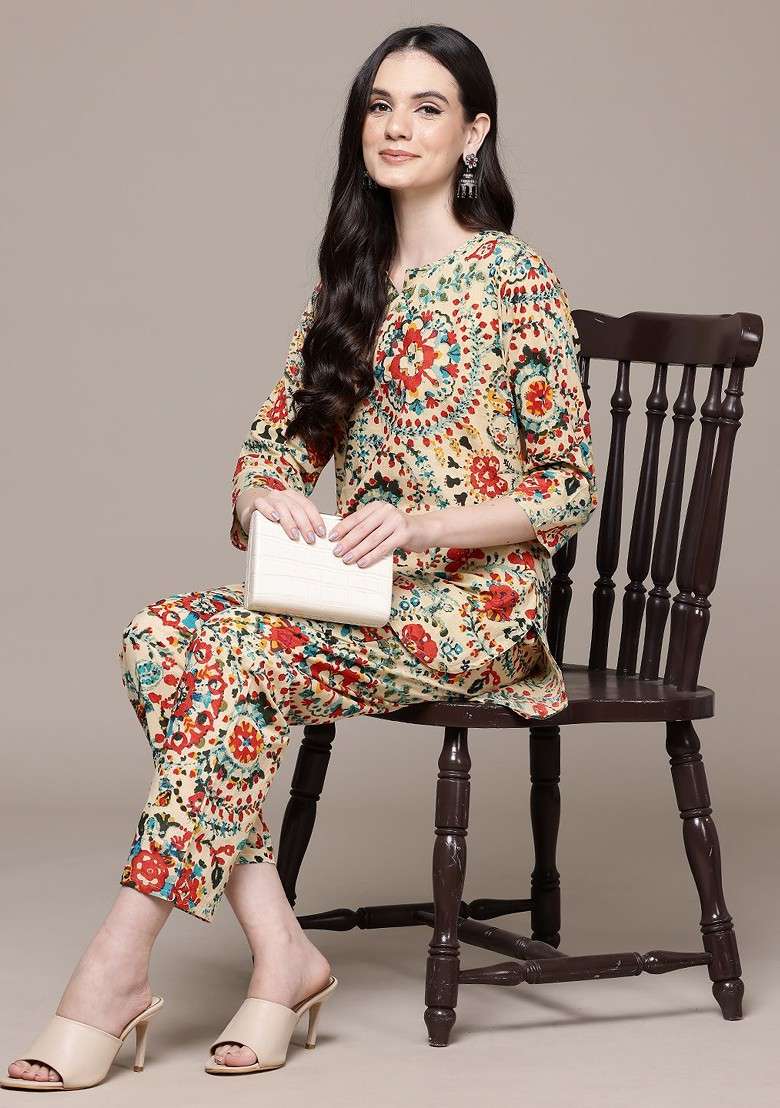 Beige Ethnic Motifs Printed Pure Cotton Coords - Indya