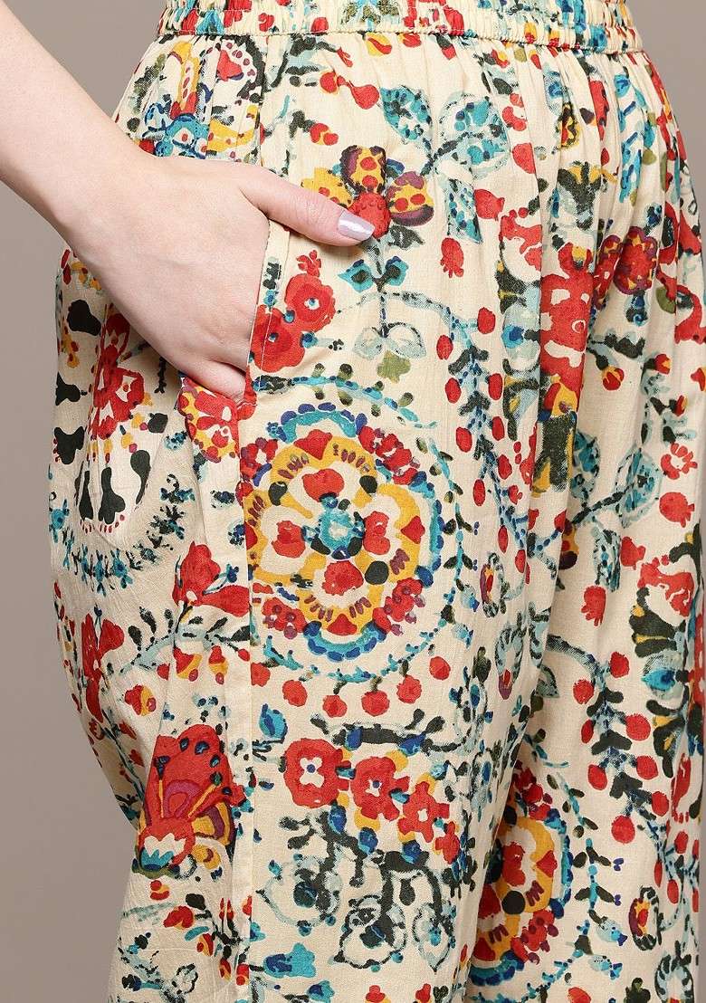 Beige Ethnic Motifs Printed Pure Cotton Coords - Indya