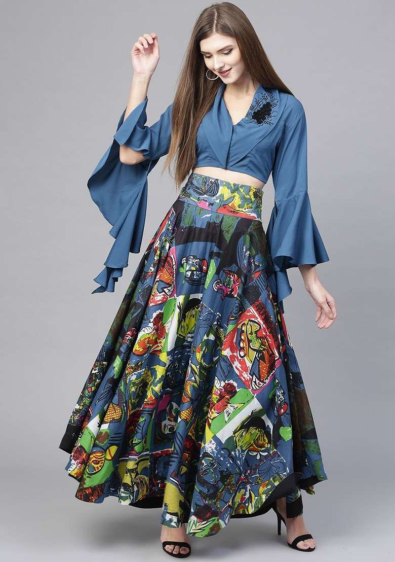 Multi Women Multicoloured Solid Top With Skirt - Indya