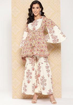 Cream Pure Cotton Printed Kurta With Sharara Coords