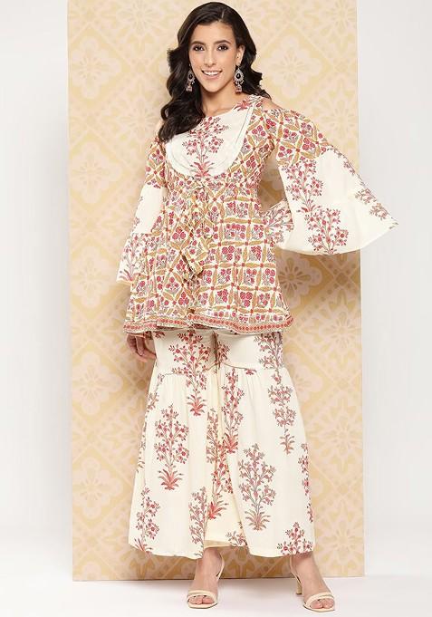 Cream Pure Cotton Printed Kurta With Sharara Coords