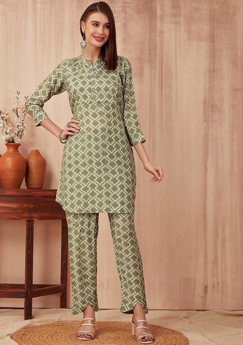 Grey Ethnic Printed Tunic And Trouser Set - Indya