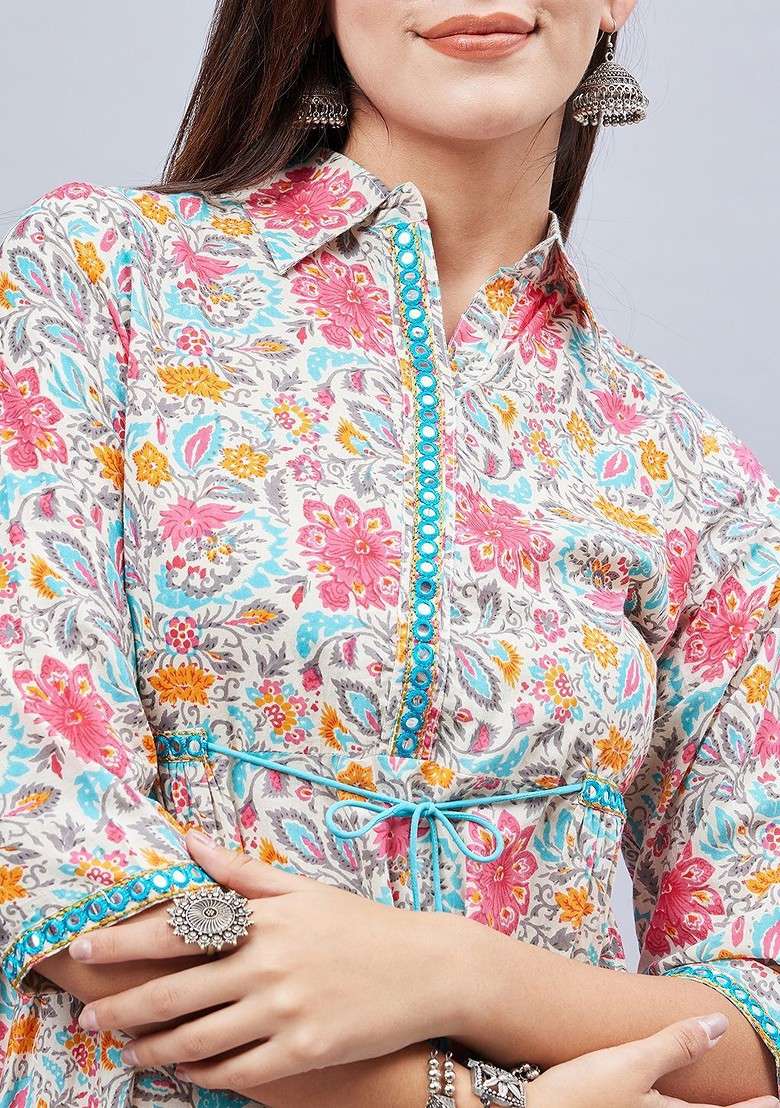 Off White Floral Printed Shirt Collar Threequarter Sleeves Pure Cotton Tunic With Trouser - Indya