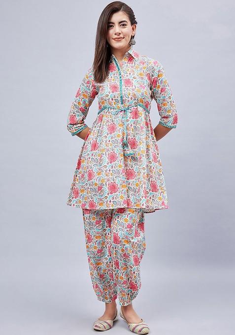 Off White Floral Printed Shirt Collar Threequarter Sleeves Pure Cotton Tunic With Trouser