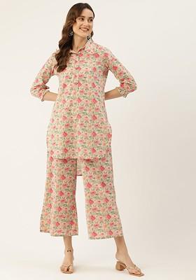 Cream Floral Printed Pure Cotton Coords