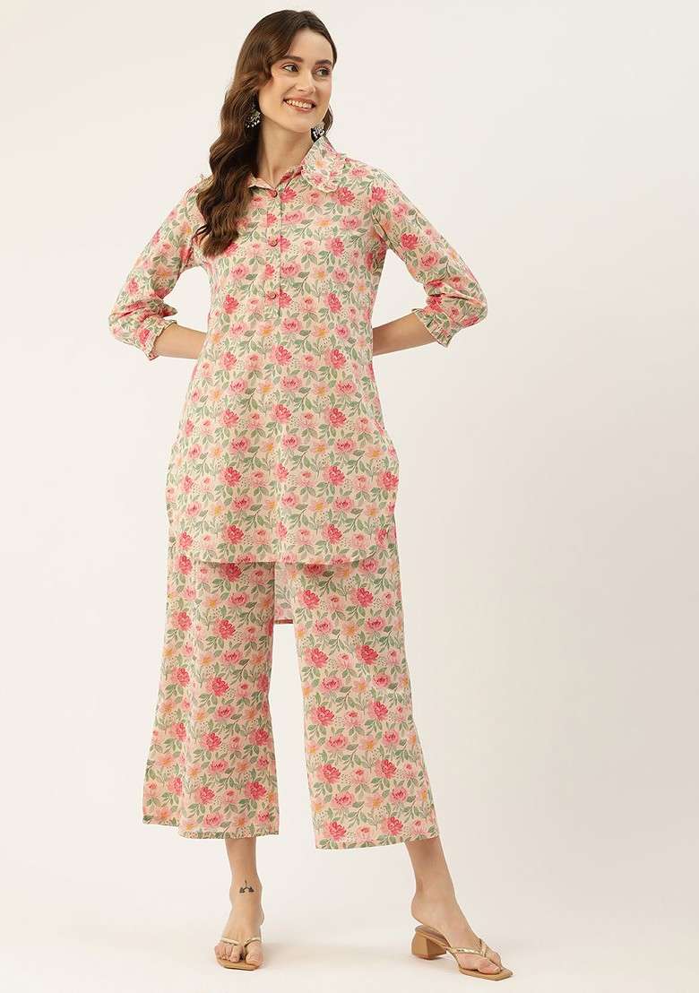 Cream Floral Printed Pure Cotton Coords - Indya