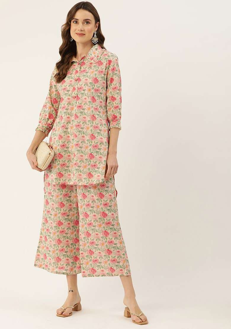 Cream Floral Printed Pure Cotton Coords - Indya