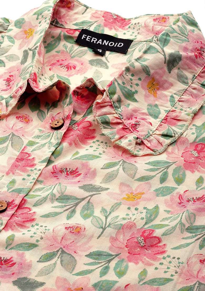 Cream Floral Printed Pure Cotton Coords - Indya