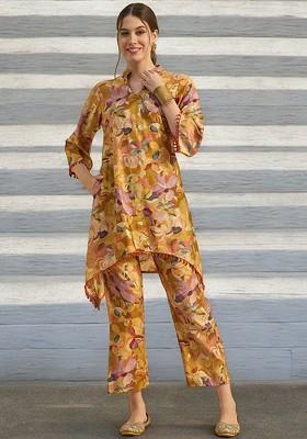 Yellow Printed Tunic With Trousers Coords