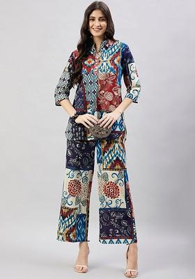 Navy Blue Geometric Printed Threequarter Sleeves Pure Cotton Top With Palazzo And Scrunchie