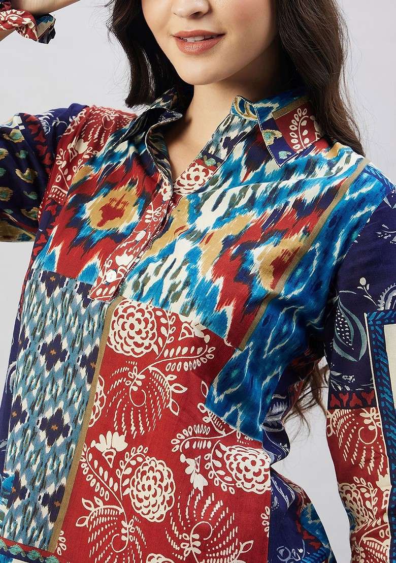 Navy Blue Geometric Printed Threequarter Sleeves Pure Cotton Top With Palazzo And Scrunchie - Indya