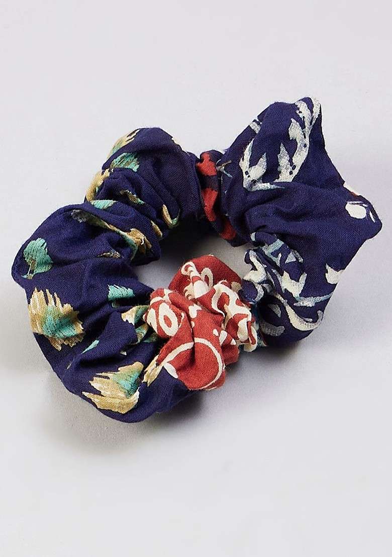 Navy Blue Geometric Printed Threequarter Sleeves Pure Cotton Top With Palazzo And Scrunchie - Indya