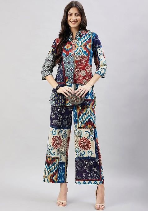 Navy Blue Geometric Printed Threequarter Sleeves Pure Cotton Top With Palazzo And Scrunchie